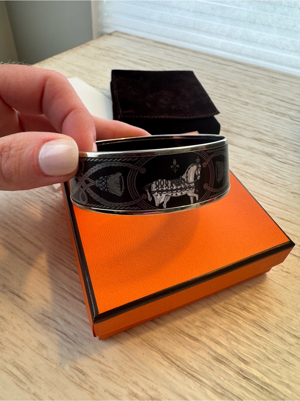 Hermes Black and Silver Enamel Horse Motif Bangle Bracelet - 65